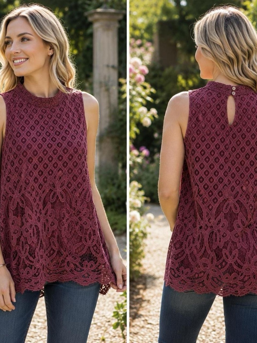 Rewind Sleeveless Lace Swing Top - Wine​